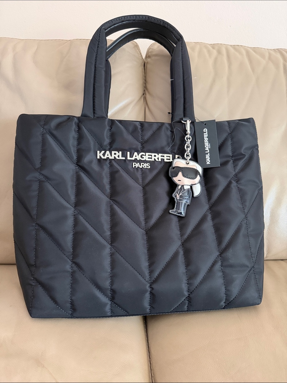 Karl Lagerfeld Black XLarge Quilted Tote with Logo Charm